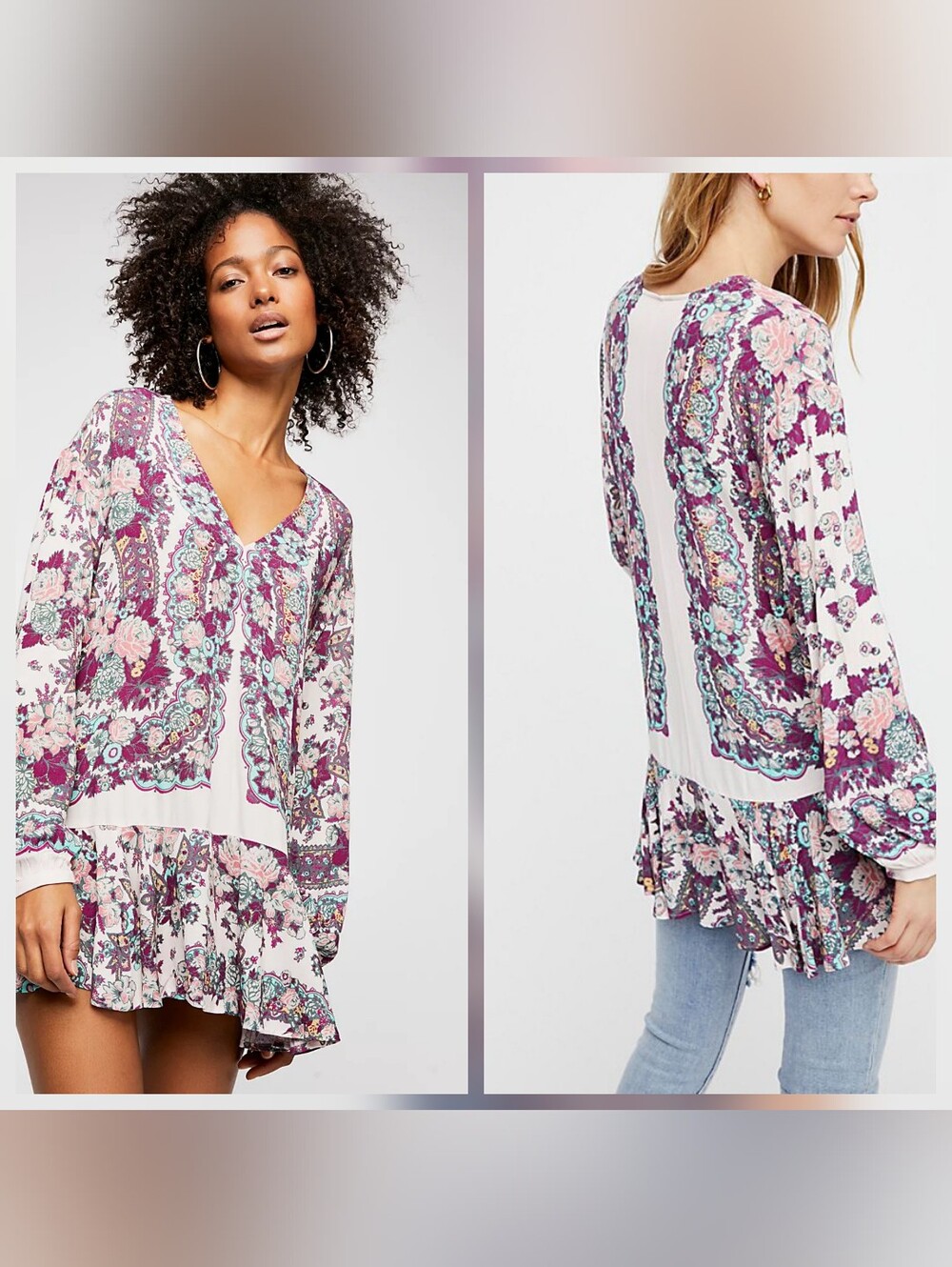 Free People Boho Floral Paisley Tunic Top S/P Peplum Long Sleeve Rayon Flowy